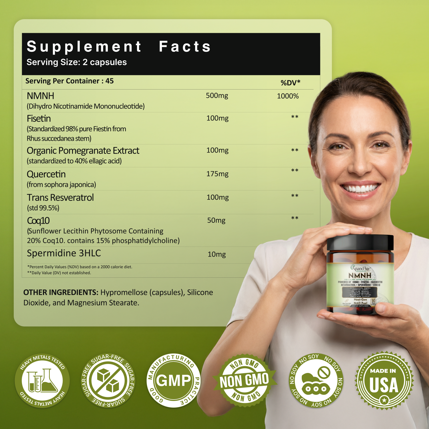 NMNH 500mg with Fisetin, Resveratrol, Quercetin, Spermidine, CoQ10 & Pomegranate Extract – 90 Vegan Capsules