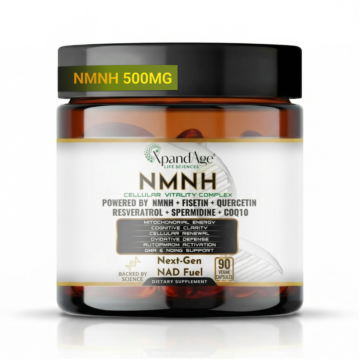 NMNH 500mg with Fisetin, Resveratrol, Quercetin, Spermidine, CoQ10 & Pomegranate Extract – 90 Vegan Capsules